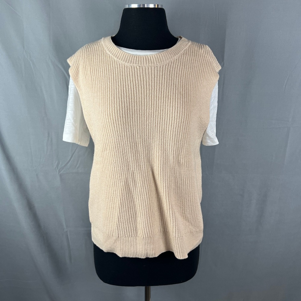 Design History Sweater Vest Womens Medium Beige Cotton Knit Pullover Crew Neck